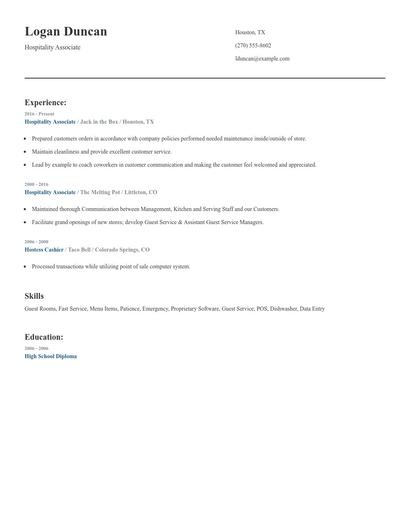 Hospitality Associate Resume