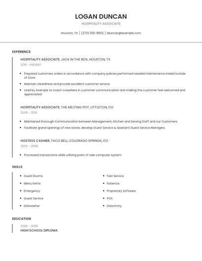 Hospitality Associate Resume