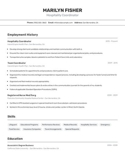 Hospitality Coordinator Resume