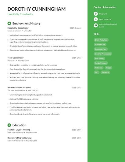 Hospitality Coordinator Resume