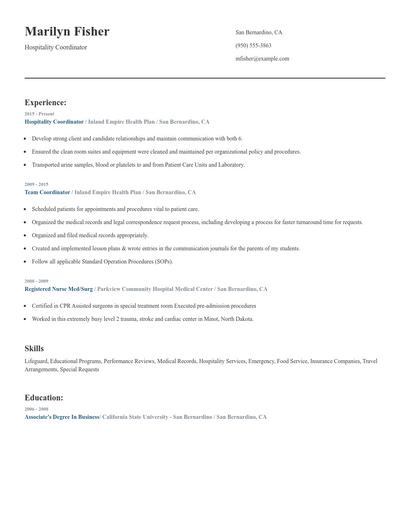 Hospitality Coordinator Resume