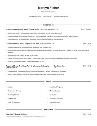 Hospitality Coordinator Resume
