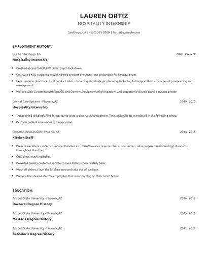 Hospitality Internship Resume