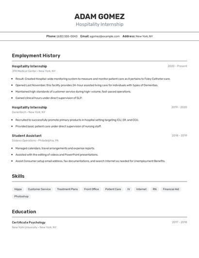 Hospitality Internship Resume