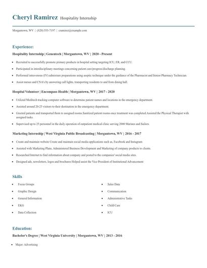 Hospitality Internship Resume