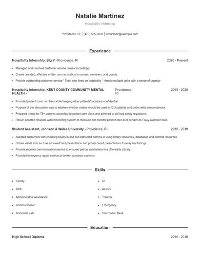 Hospitality Internship Resume