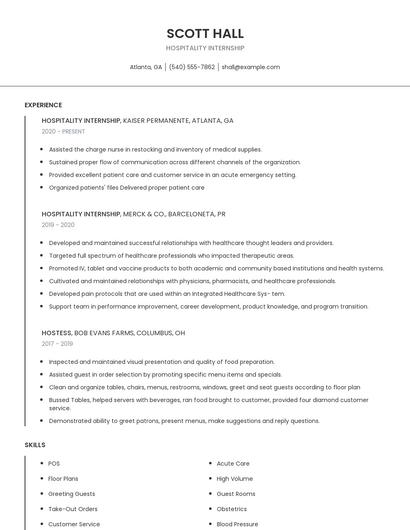 Hospitality Internship Resume