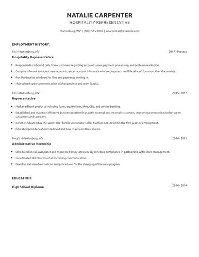 Hospitality Representative Resume