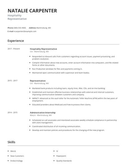 Hospitality Representative Resume