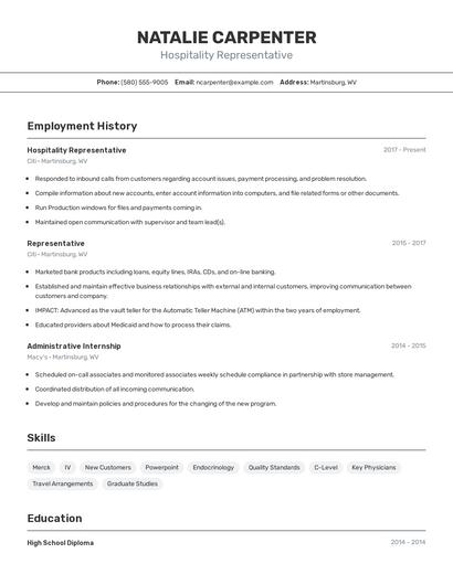 Hospitality Representative Resume