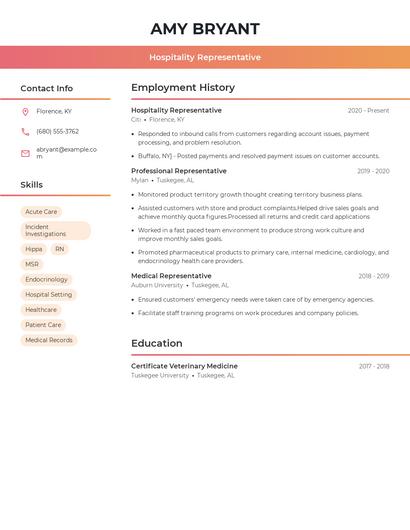 Hospitality Representative Resume