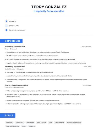 Hospitality Representative Resume
