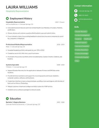 Hospitality Representative Resume