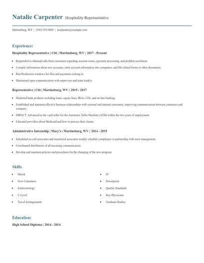 Hospitality Representative Resume