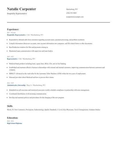 Hospitality Representative Resume