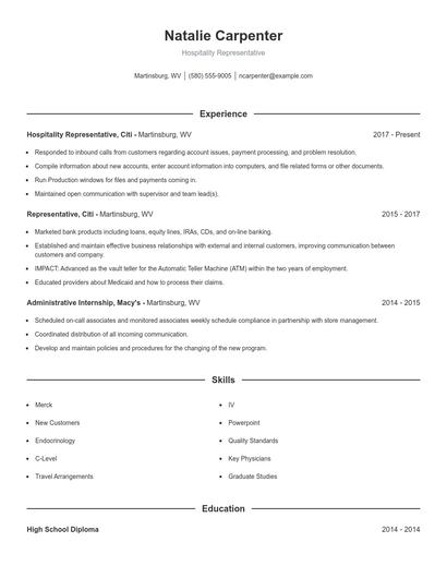 Hospitality Representative Resume