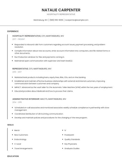 Hospitality Representative Resume
