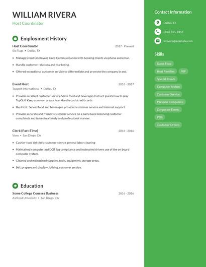 Host Coordinator Resume