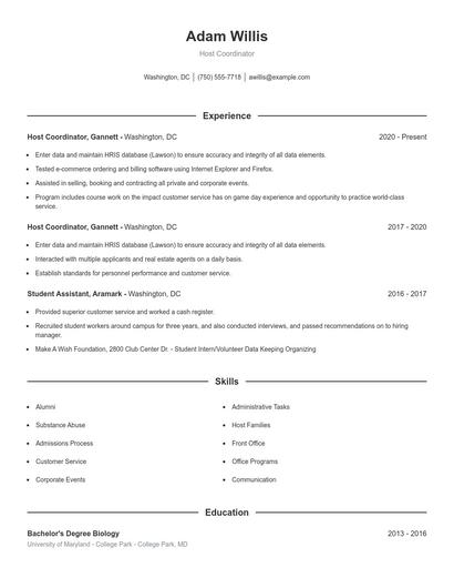 Host Coordinator Resume