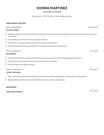 Hostess Cashier Resume