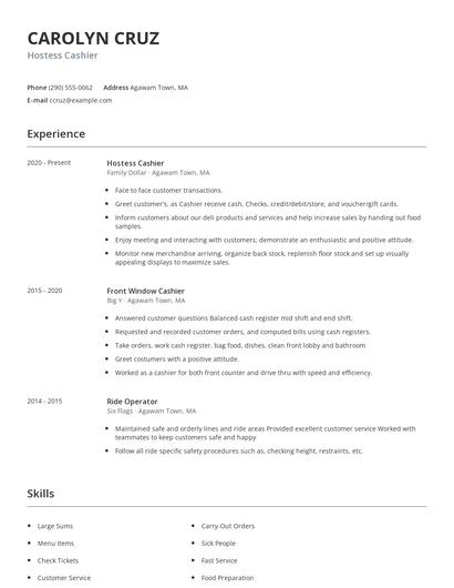 Hostess Cashier Resume