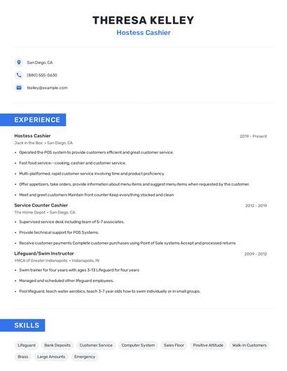 Hostess Cashier Resume