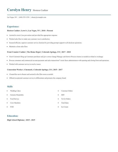 Hostess Cashier Resume