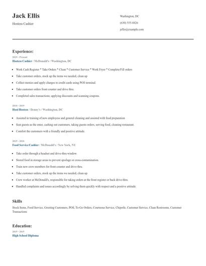 Hostess Cashier Resume