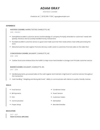 Hostess Cashier Resume