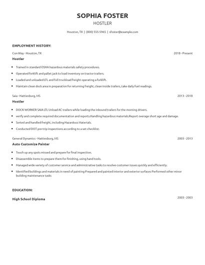 Hostler Resume
