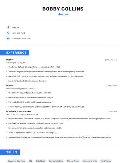 Hostler Resume