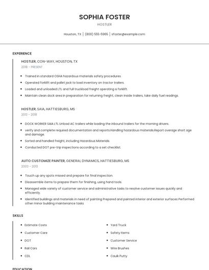 Hostler Resume