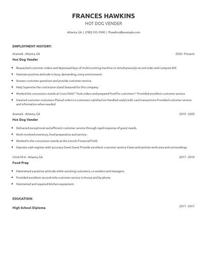 Hot Dog Vender Resume