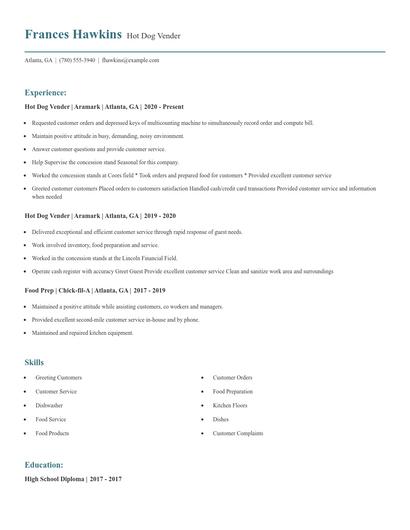 Hot Dog Vender Resume