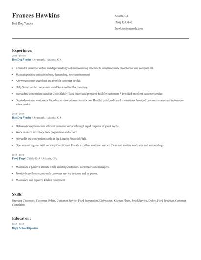 Hot Dog Vender Resume