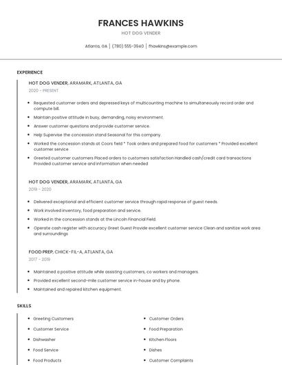 Hot Dog Vender Resume