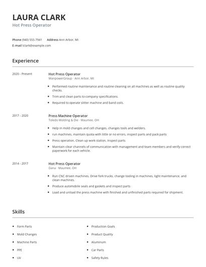 Hot Press Operator Resume