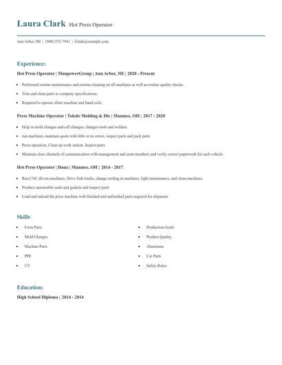 Hot Press Operator Resume