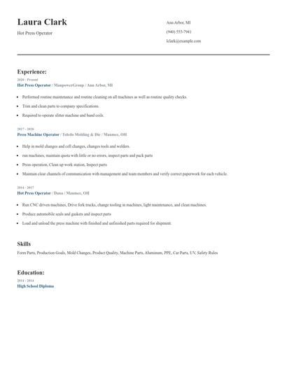 Hot Press Operator Resume
