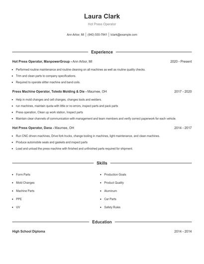 Hot Press Operator Resume