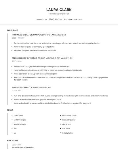 Hot Press Operator Resume