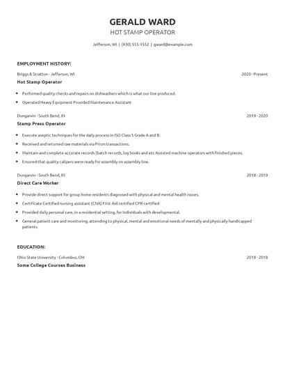 Hot Stamp Operator Resume