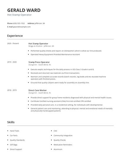 Hot Stamp Operator Resume