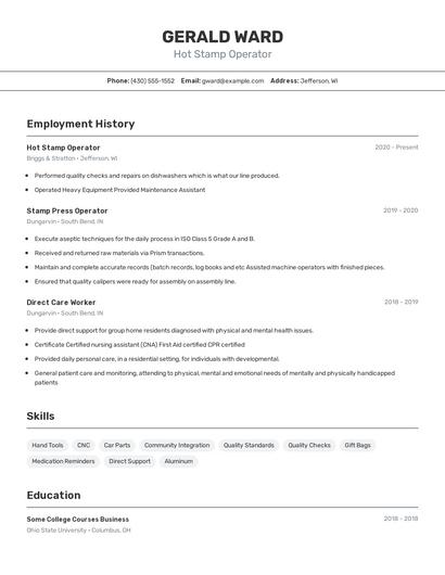 Hot Stamp Operator Resume