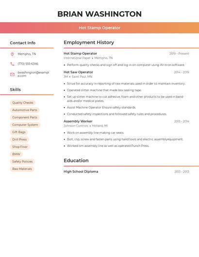 Hot Stamp Operator Resume