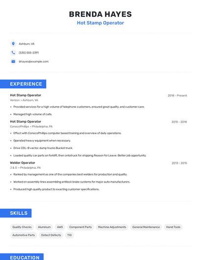 Hot Stamp Operator Resume