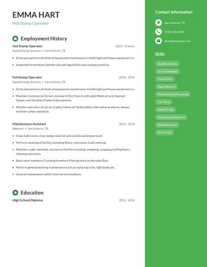 Hot Stamp Operator Resume