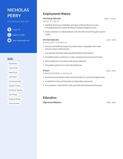 Hot Stamp Operator Resume