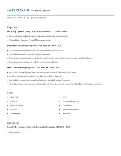 Hot Stamp Operator Resume