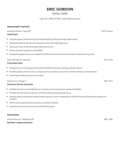 Hotel Clerk Resume
